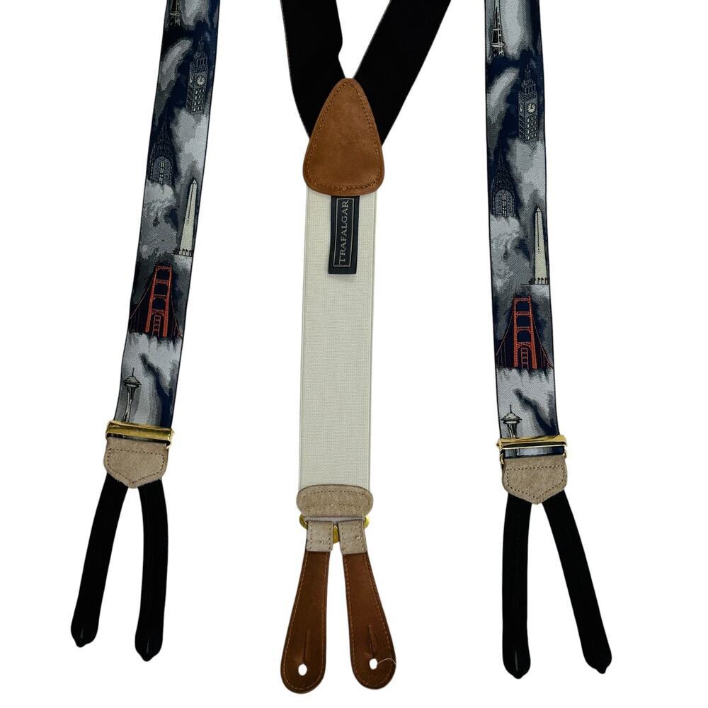 Vintage Trafalgar Silk Suspenders World Landmarks Print Leather Button End